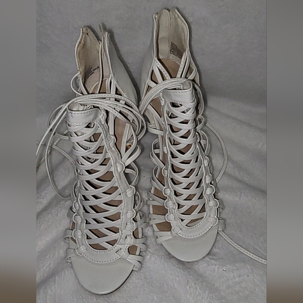 White lace-up sandal heels